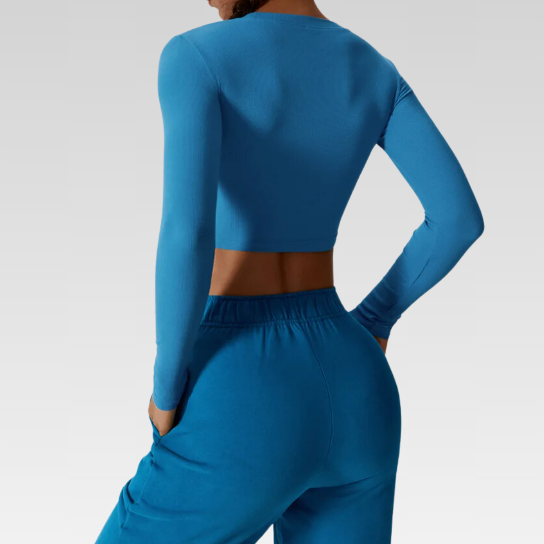 Kira Long Sleeve Shirt: Elevate Loungewear Comfort and Style with Quick-Dry Technology, Breathable Crew Neck, Trendy Cropped Design, and Cozy Cotton Blend. Your Ultimate Loungewear Essential for Everyday Ease and Effortless Relaxation.