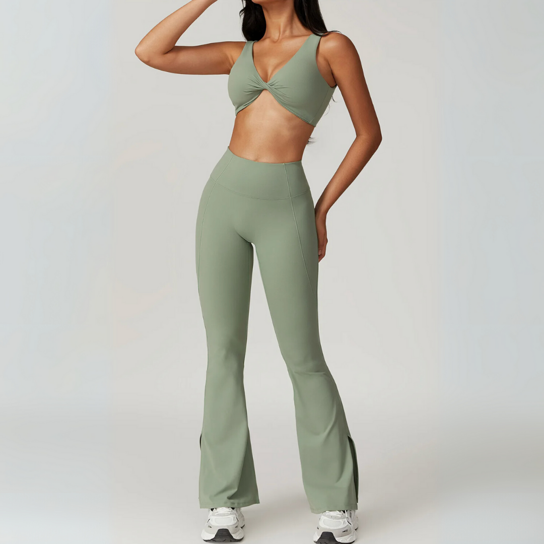 RHODESIA TWIST FRONT SPORTS BRA & FLARED LEGGINGS SET