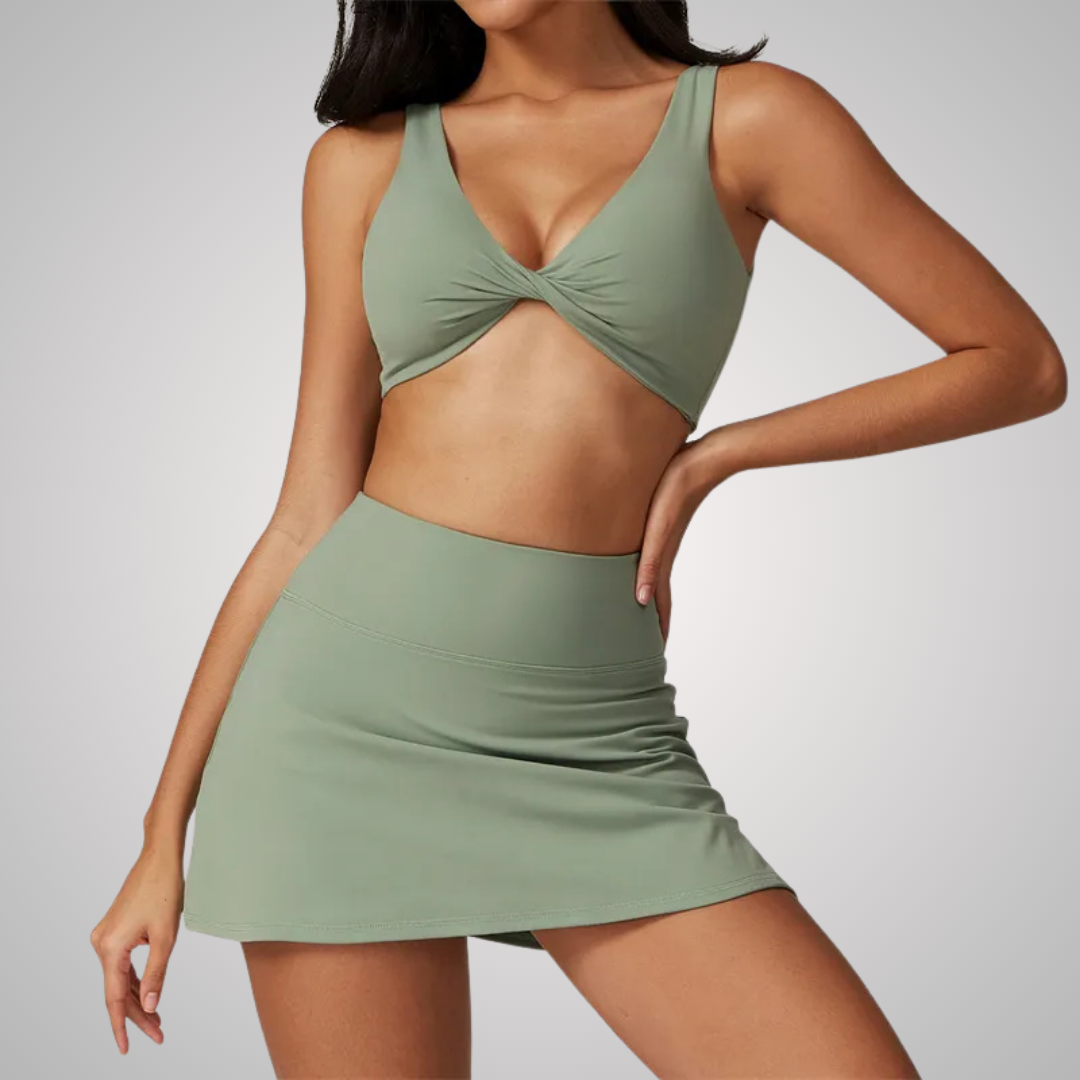RHODESIA TWIST FRONT SPORTS BRA & SKIRT SET