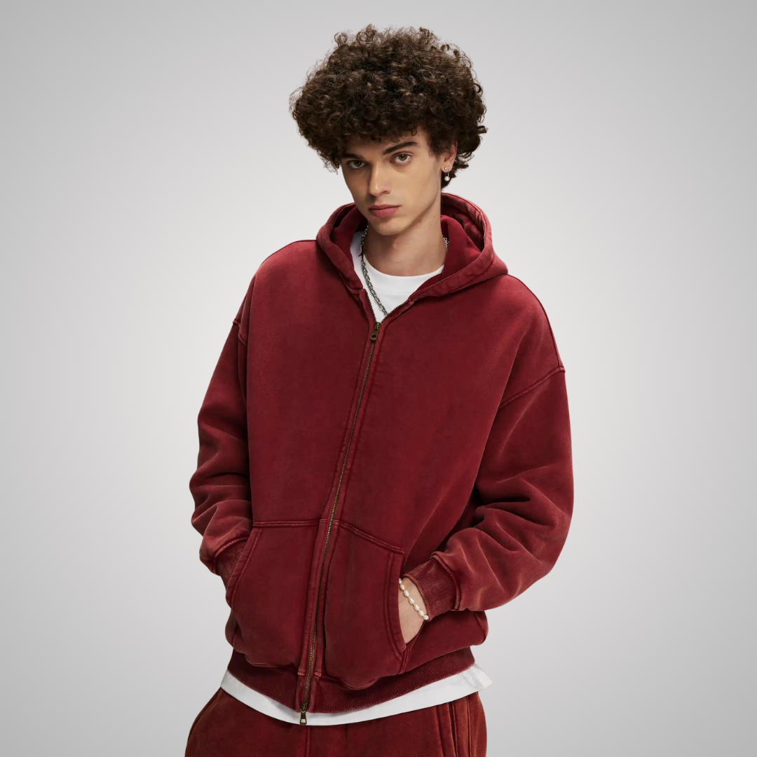 WASHED ZIP-FRONT UNISEX HOODIE