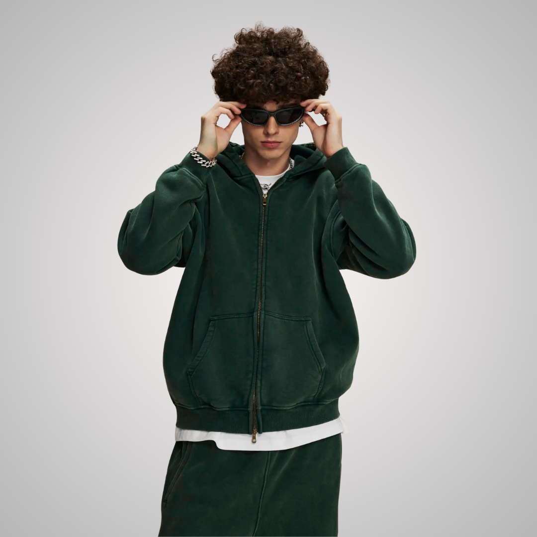 WASHED ZIP-FRONT UNISEX HOODIE