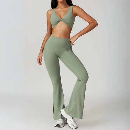 RHODESIA TWIST FRONT SPORTS BRA & FLARED LEGGINGS SET