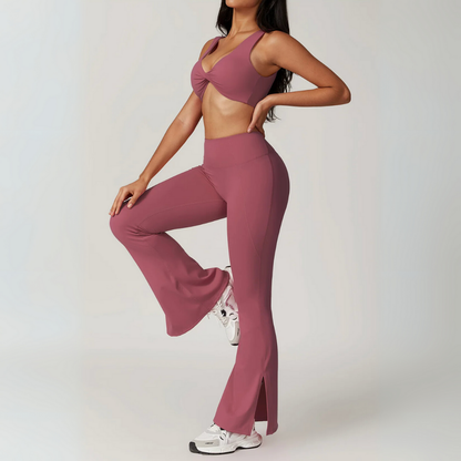 RHODESIA TWIST FRONT SPORTS BRA & FLARED LEGGINGS SET-Workout Sets-Gym Giants