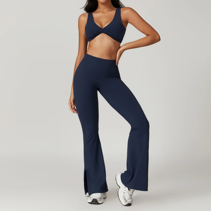 RHODESIA TWIST FRONT SPORTS BRA & FLARED LEGGINGS SET-Workout Sets-Gym Giants