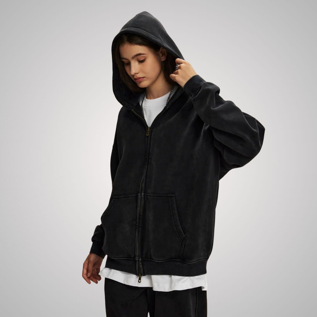 WASHED ZIP-FRONT UNISEX HOODIE
