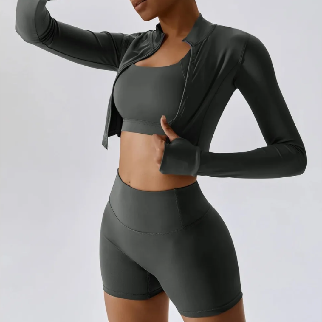  Introducing the Leticia 3-Piece Set - Elevate your fitness journey with this comprehensive activewear ensemble featuring a breathable sports bra, quick-dry jacket, and durable shorts. Stay cool, confident, and focused with breathable fabric and quick-dry technology. Make a lasting investment in your fitness journey today!