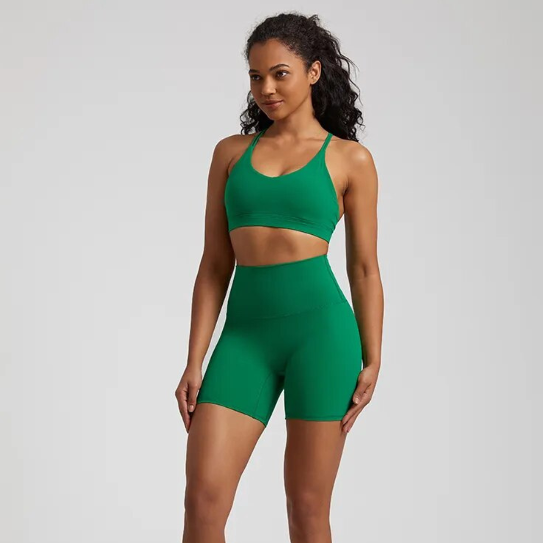 Celestia Set - Unmatched freedom of movement with high-waisted seamless shorts and supportive sports bra. Experience the magic of buttery-soft fabric that feels like a second skin, designed for ultimate comfort and style during your workout.