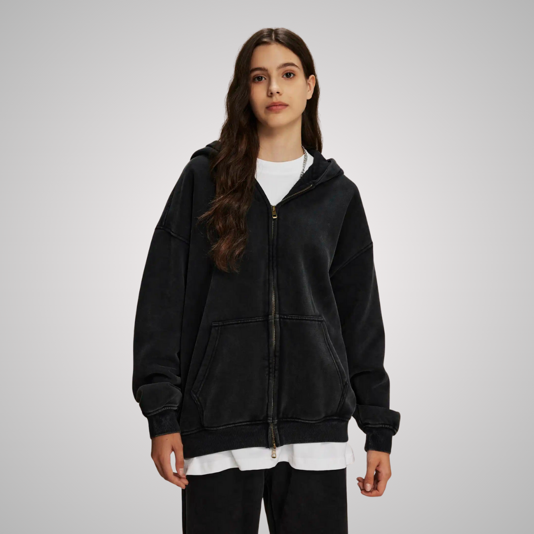 WASHED ZIP-FRONT UNISEX HOODIE