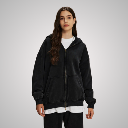 WASHED ZIP-FRONT UNISEX HOODIE