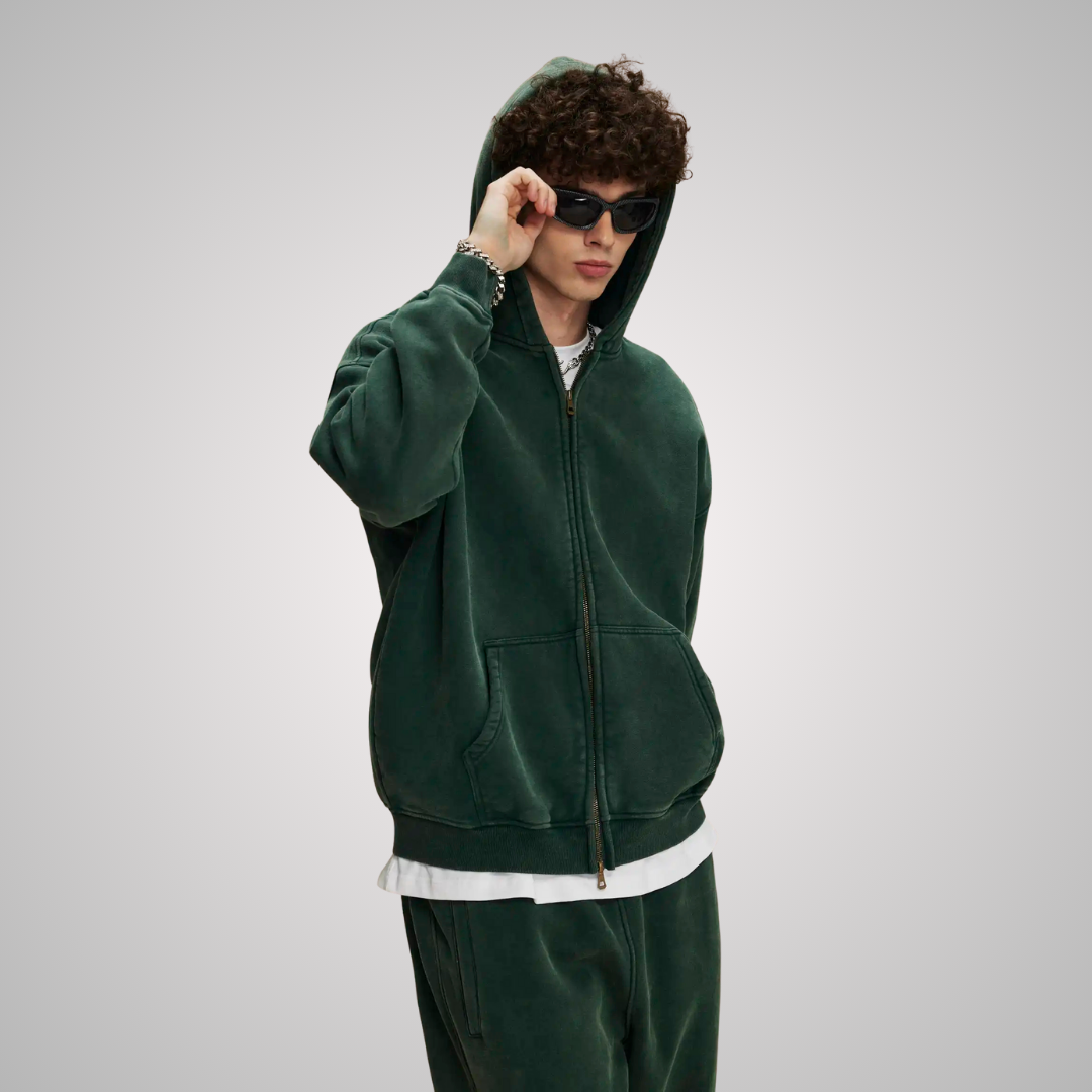 WASHED ZIP-FRONT UNISEX HOODIE