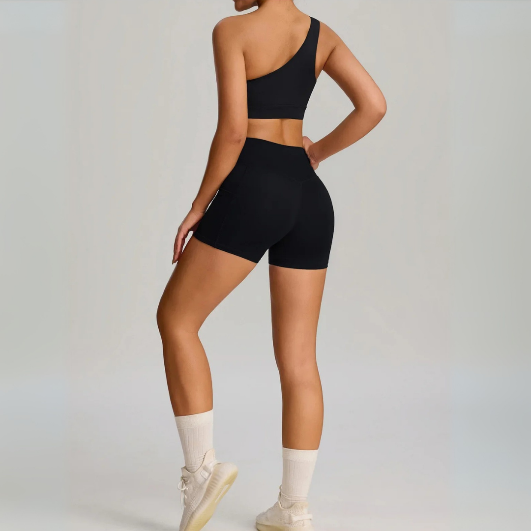 THE MURMUR ONE-SHOULDER SPORTS BRA AND SHORTS SET