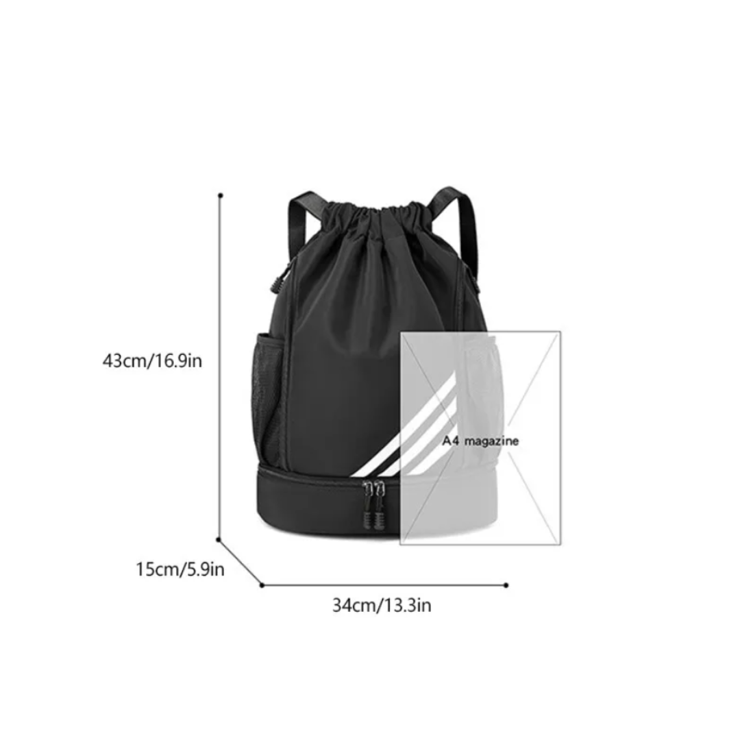 Drawstring Basketball Bag: Perfect blend of style and functionality for basketball enthusiasts and active individuals. Durable nylon and polyester blend for outdoor activities and everyday use. Lightweight design with maximum storage (43cm x 15cm x 34cm) for basketball, shoes, water bottle, and more. Keep essentials organized for the court or casual outings. Elevate your sporty lifestyle with this versatile accessory.
