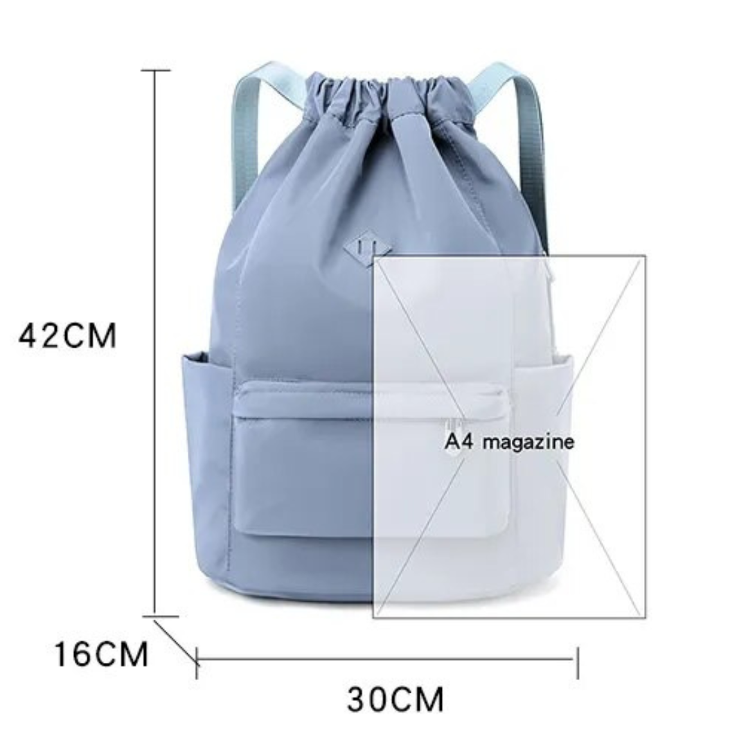 Drawstring Sports Backpack: Unleash your inner adventurer with this perfect companion for outdoor activities. Spacious side pockets for water bottle, snacks, or gym clothes. Convenient front pocket for quick access to essentials. Secret back pocket for added security of valuables. Built to last with high-quality materials for daily adventures. Adjustable straps for a customized and comfortable fit during your journey.
