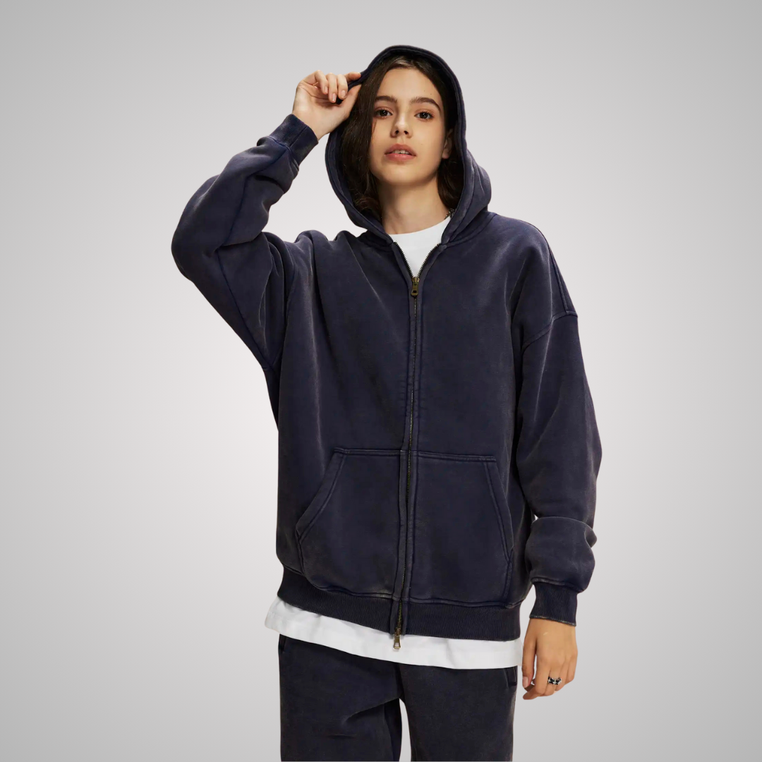 WASHED ZIP-FRONT UNISEX HOODIE