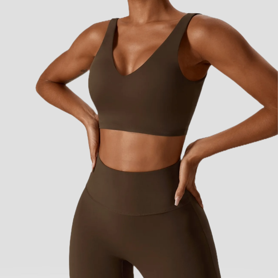 The Hera Set - Elevate your activewear game with this premium nylon and spandex blend. Enjoy breathable performance, flared leggings with a compression waistband, medium support sports bra with removable pads, durable design, quick-dry technology, and versatile fashion.