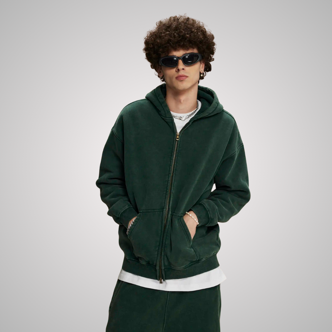 WASHED ZIP-FRONT UNISEX HOODIE