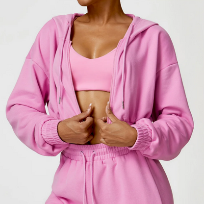 Talena Hoodie - Premium cotton/poly blend for durability and softness. Drawstring hood for personalized comfort. Trendsetting cropped silhouette for a chic and fashionable look. Elevate your style with the perfect blend of fashion and functionality.