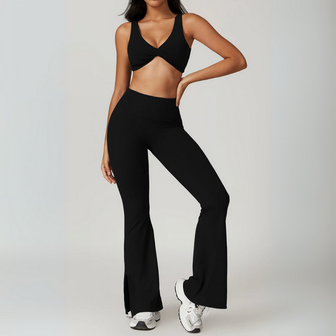 RHODESIA TWIST FRONT SPORTS BRA & FLARED LEGGINGS SET