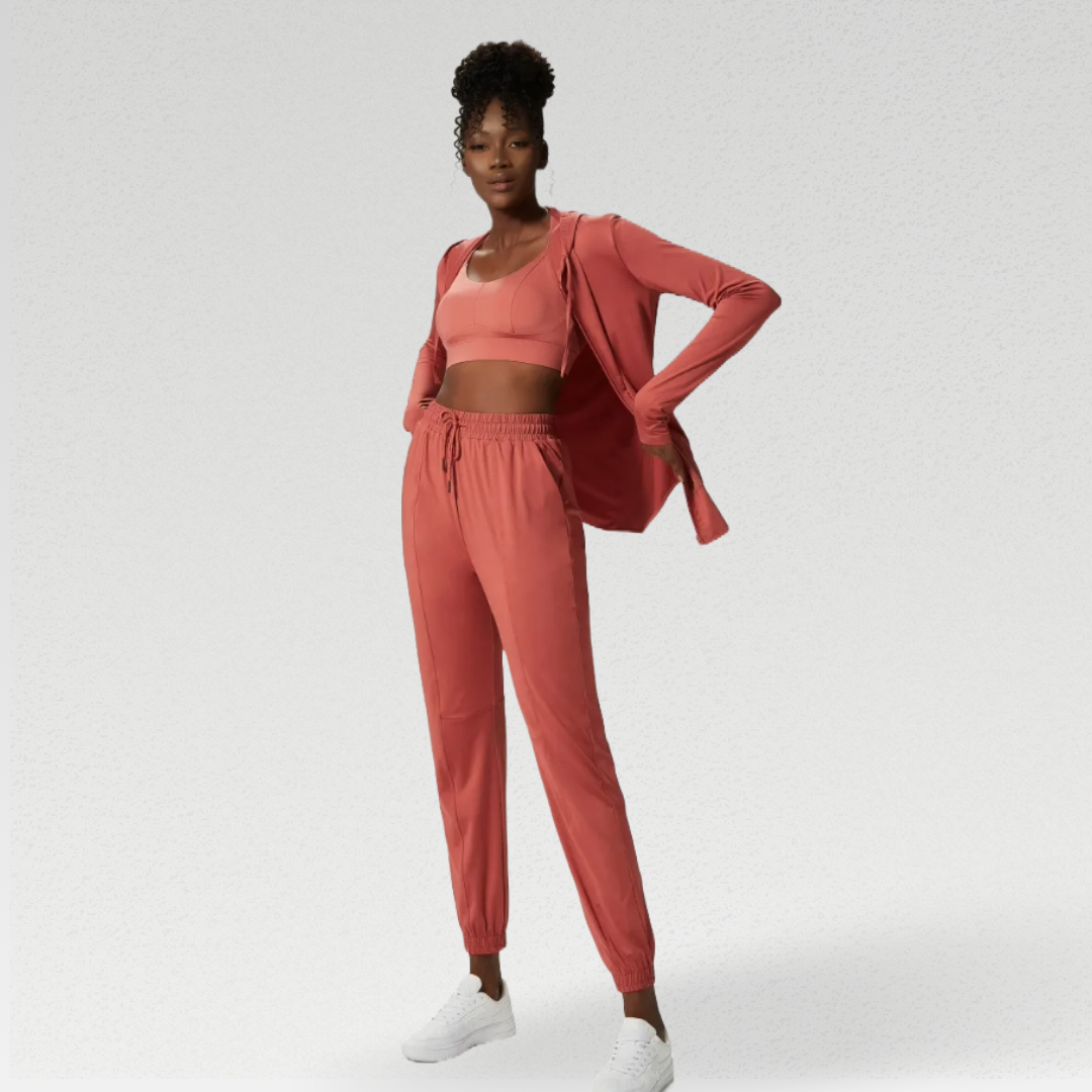 Penelope Set - Athleisure ensemble with hoodie, joggers, and sports bra for style and functionality. Customizable features, durable polyester/spandex blend for ultimate comfort and versatility.