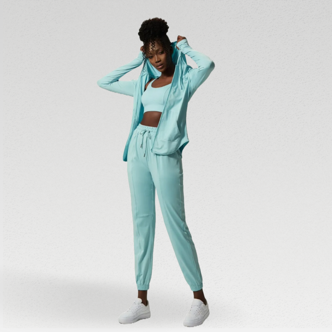 Penelope Set - Athleisure ensemble with hoodie, joggers, and sports bra for style and functionality. Customizable features, durable polyester/spandex blend for ultimate comfort and versatility.