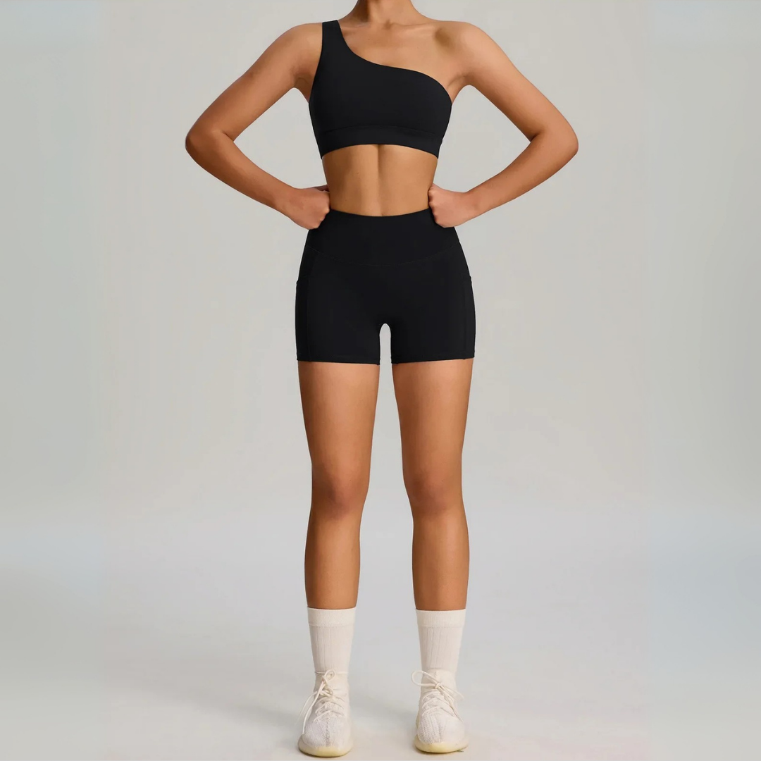 THE MURMUR ONE-SHOULDER SPORTS BRA AND SHORTS SET