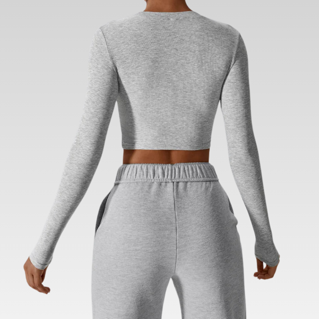 Kira Long Sleeve Shirt: Elevate Loungewear Comfort and Style with Quick-Dry Technology, Breathable Crew Neck, Trendy Cropped Design, and Cozy Cotton Blend. Your Ultimate Loungewear Essential for Everyday Ease and Effortless Relaxation.