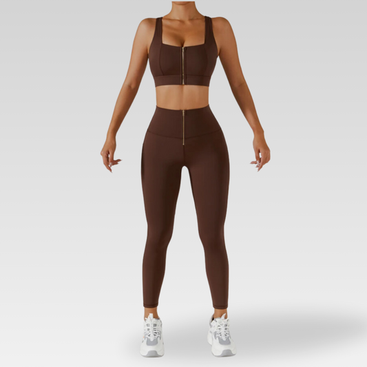 Artemis Set - High-quality nylon and spandex for maximum comfort and a flattering fit. Stay cool and comfortable during any workout. Durable and built to last. Featuring a zip-front closure and stylish design, upgrade your workout wardrobe today.