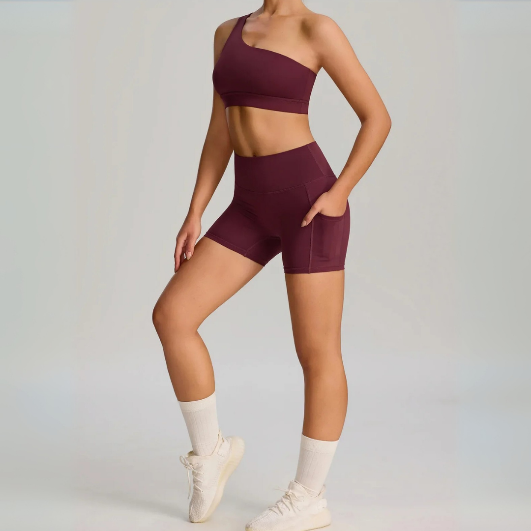 THE MURMUR ONE-SHOULDER SPORTS BRA AND SHORTS SET