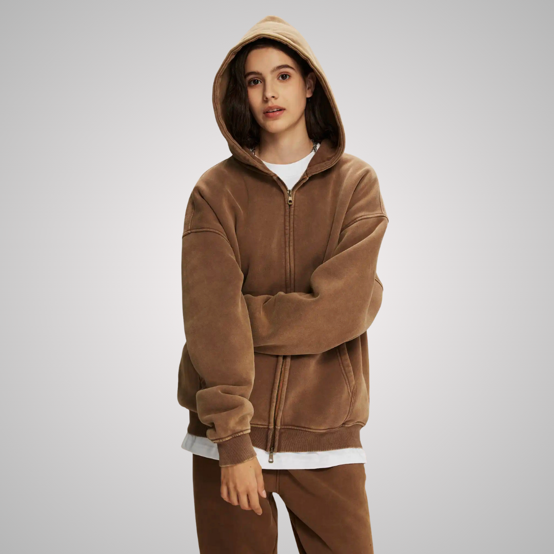 WASHED ZIP-FRONT UNISEX HOODIE