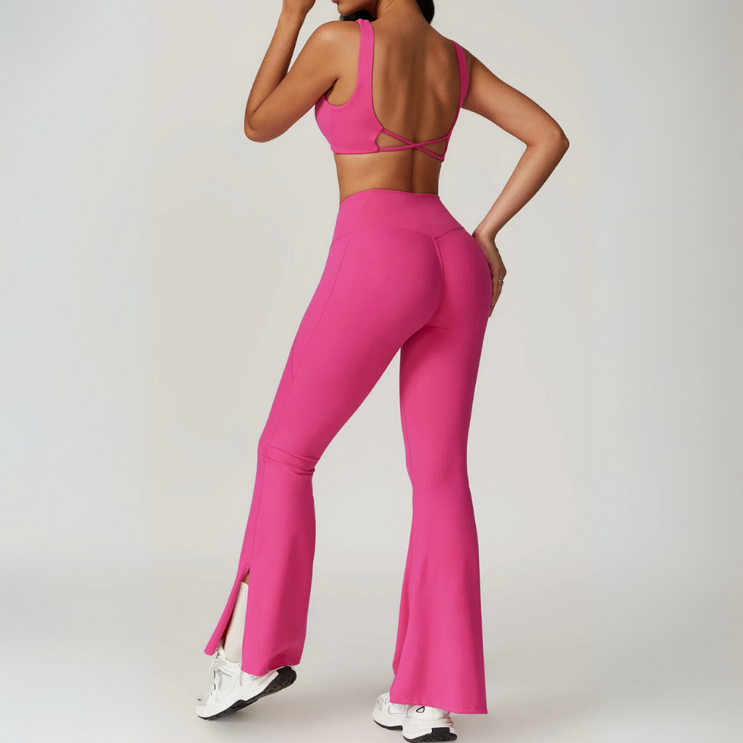 RHODESIA TWIST FRONT SPORTS BRA & FLARED LEGGINGS SET