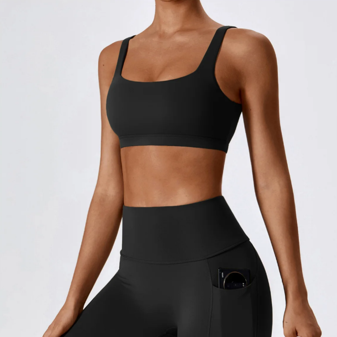 The Sofia Sports Bra - Premium nylon/spandex blend for exceptional comfort and breathability. Removable pads and medium support for customized comfort during workouts.