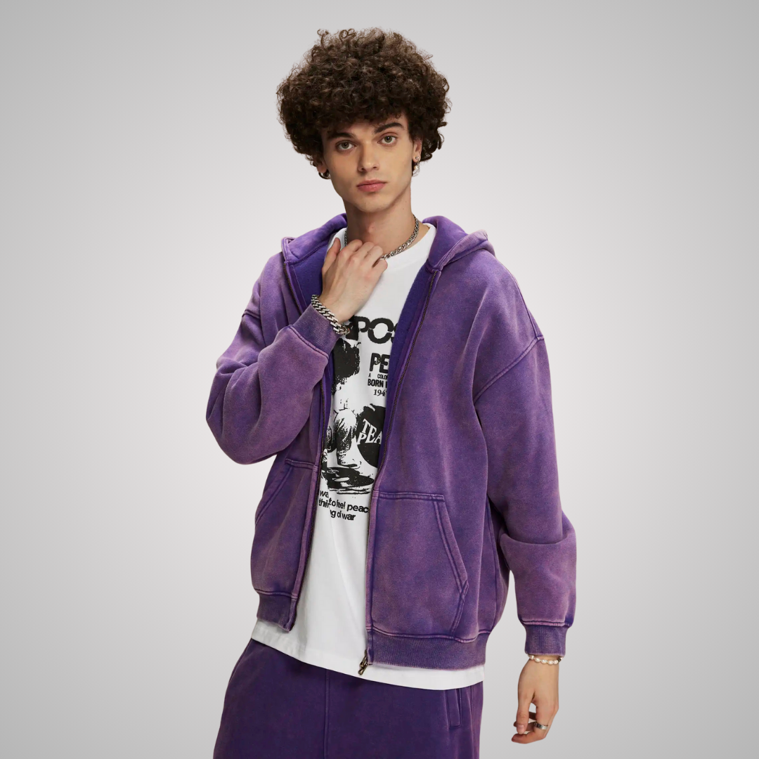 WASHED ZIP-FRONT UNISEX HOODIE