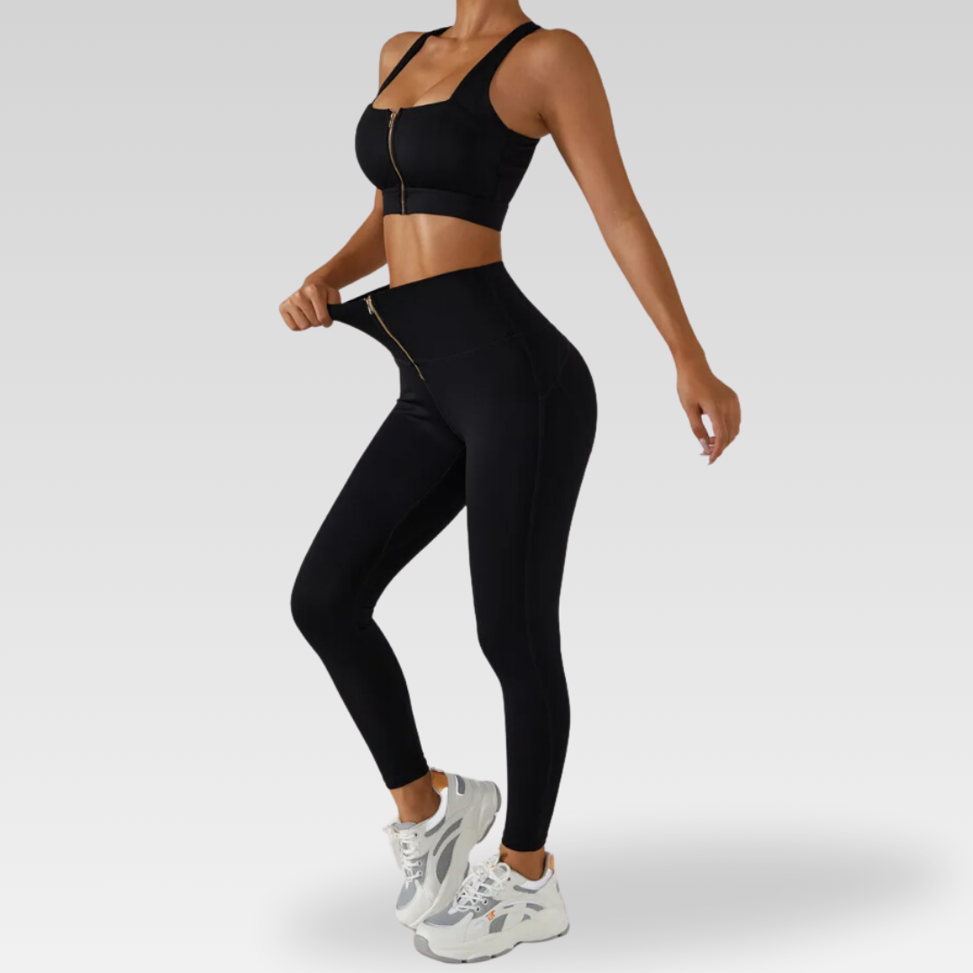 Artemis Set - High-quality nylon and spandex for maximum comfort and a flattering fit. Stay cool and comfortable during any workout. Durable and built to last. Featuring a zip-front closure and stylish design, upgrade your workout wardrobe today.