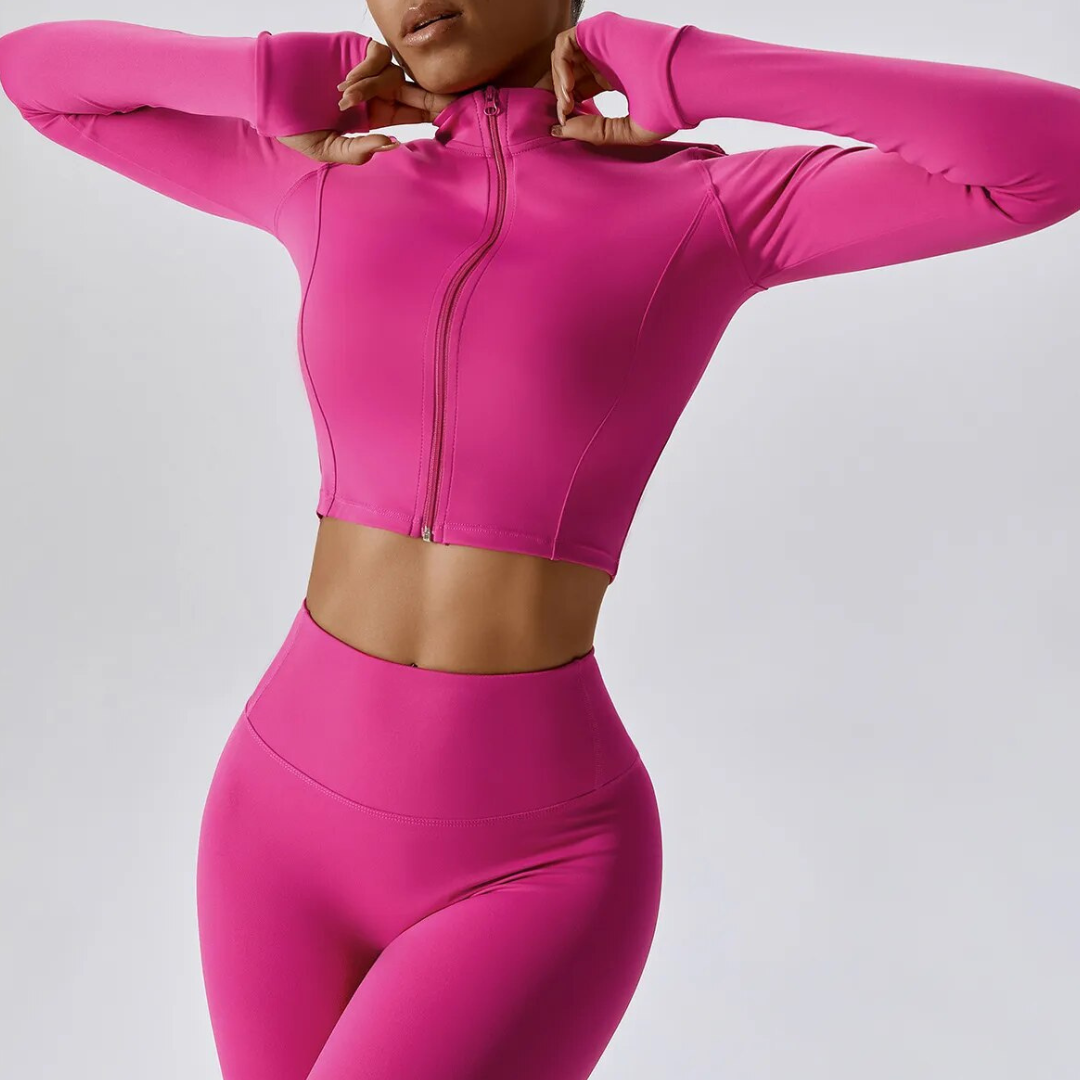 The Leticia Cropped Jacket: Future of Fashion and Functionality - Cutting-Edge Nylon/Spandex Blend, Breathable, Quick-Dry Technology, Durable Compression Fit, and Stylish Thumb Holes. Elevate Your Active Lifestyle with Unmatched Comfort and Flexibility.