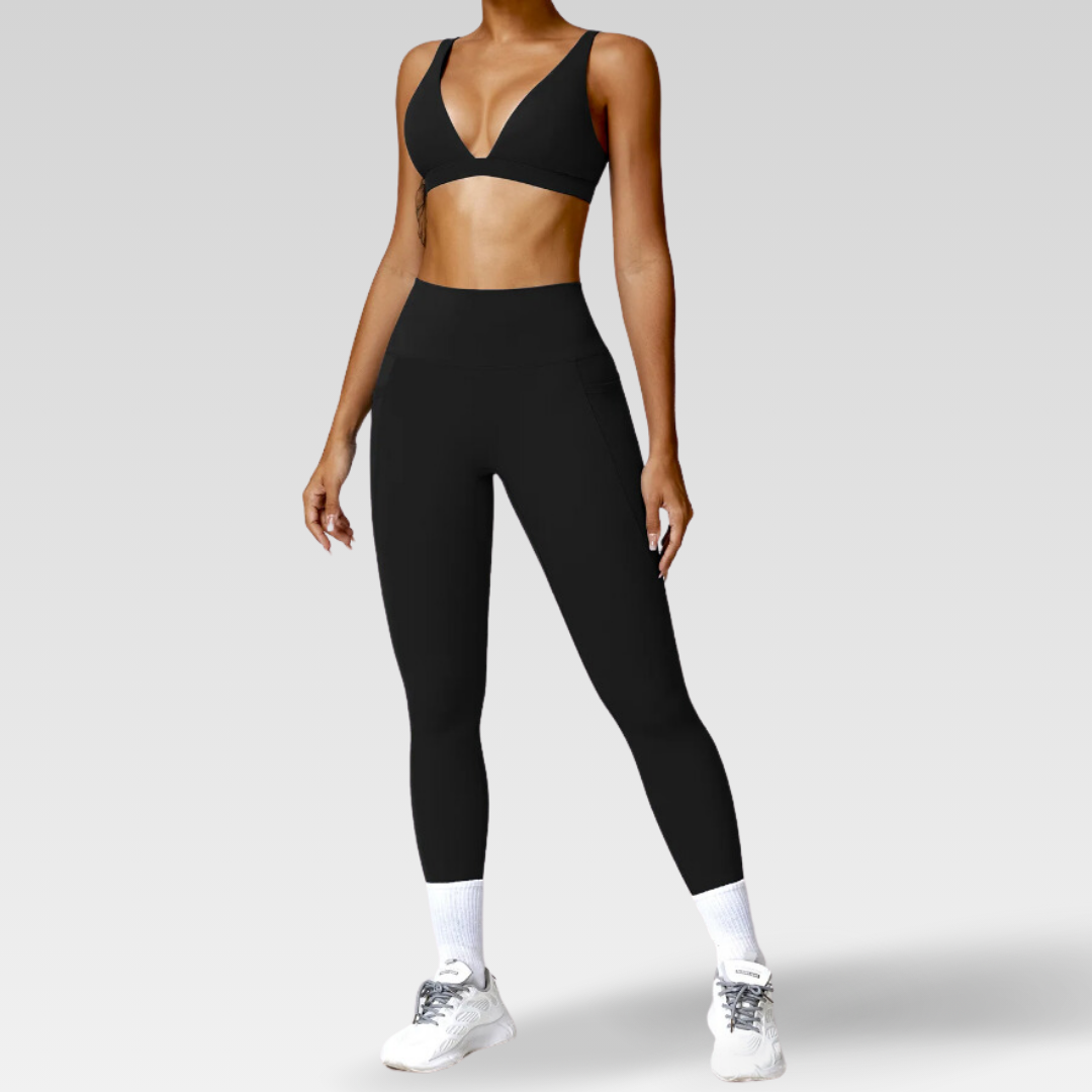 Talena Set - Breathable and quick-dry technology for intense workouts. Premium nylon/spandex blend for flexibility and style. Trendy high-waisted design for versatile activewear. Convenient pockets for on-the-go convenience. Elevate your workout wardrobe with Talena's perfect blend of style and functionality.