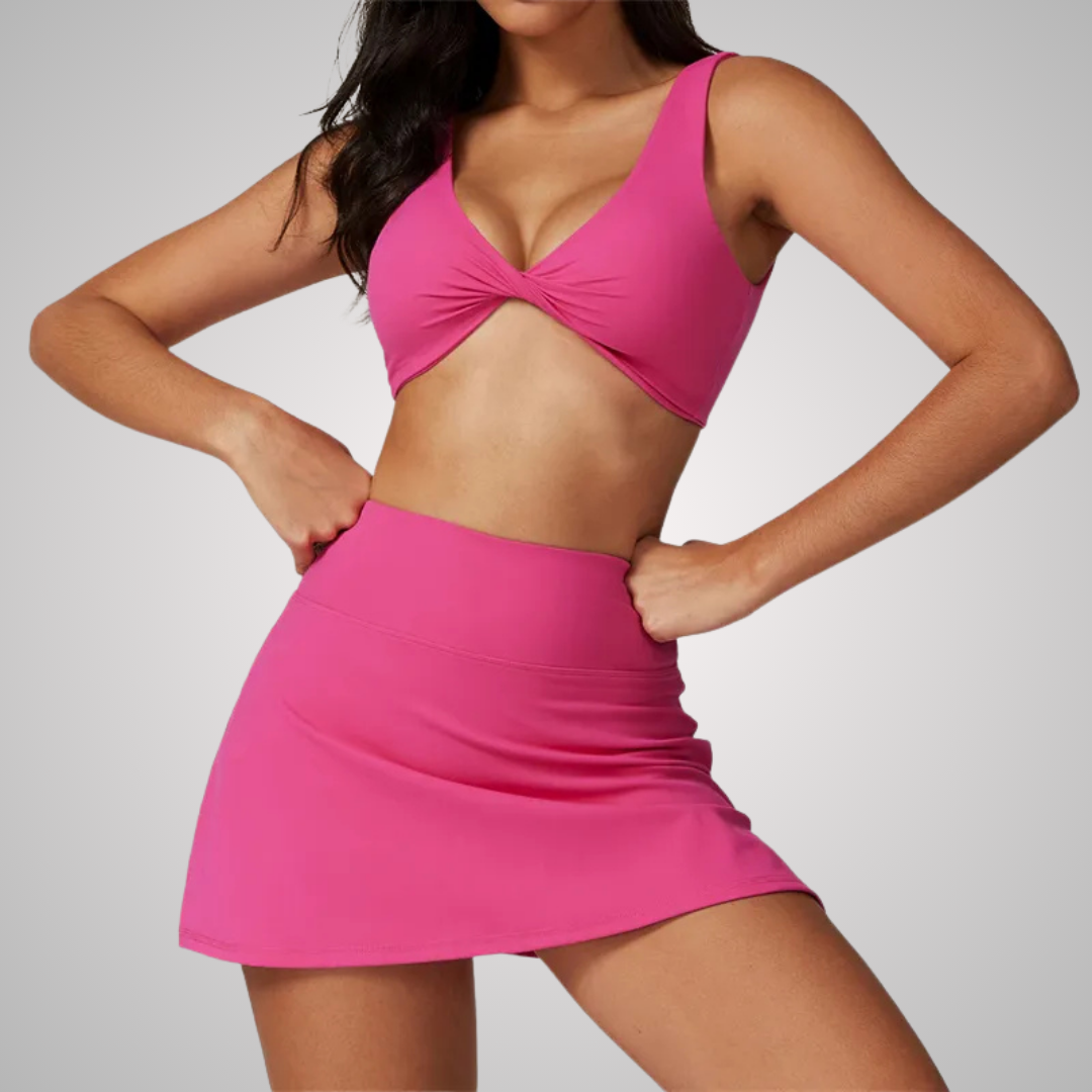 RHODESIA TWIST FRONT SPORTS BRA & SKIRT SET