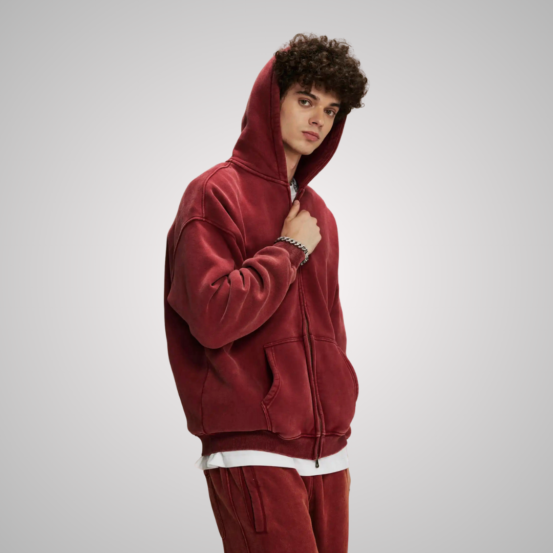 WASHED ZIP-FRONT UNISEX HOODIE