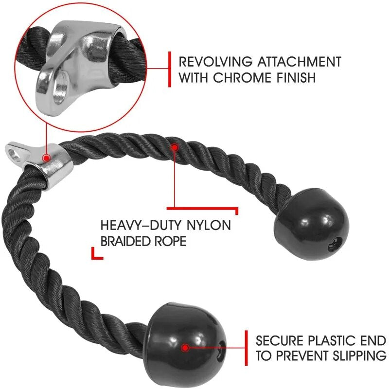 Heavy-duty nylon braided Tricep Rope with chrome plated attachment, large plastic blocks for enhanced resistance, and stainless steel carabiner - Versatile fitness accessory for targeted tricep, lat, bicep, and face pull exercises, ensuring durability, reliability, and a secure workout experience.