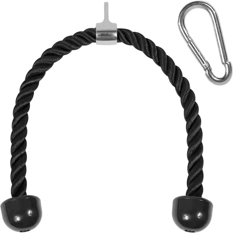 Heavy-duty nylon braided Tricep Rope with chrome plated attachment, large plastic blocks for enhanced resistance, and stainless steel carabiner - Versatile fitness accessory for targeted tricep, lat, bicep, and face pull exercises, ensuring durability, reliability, and a secure workout experience.