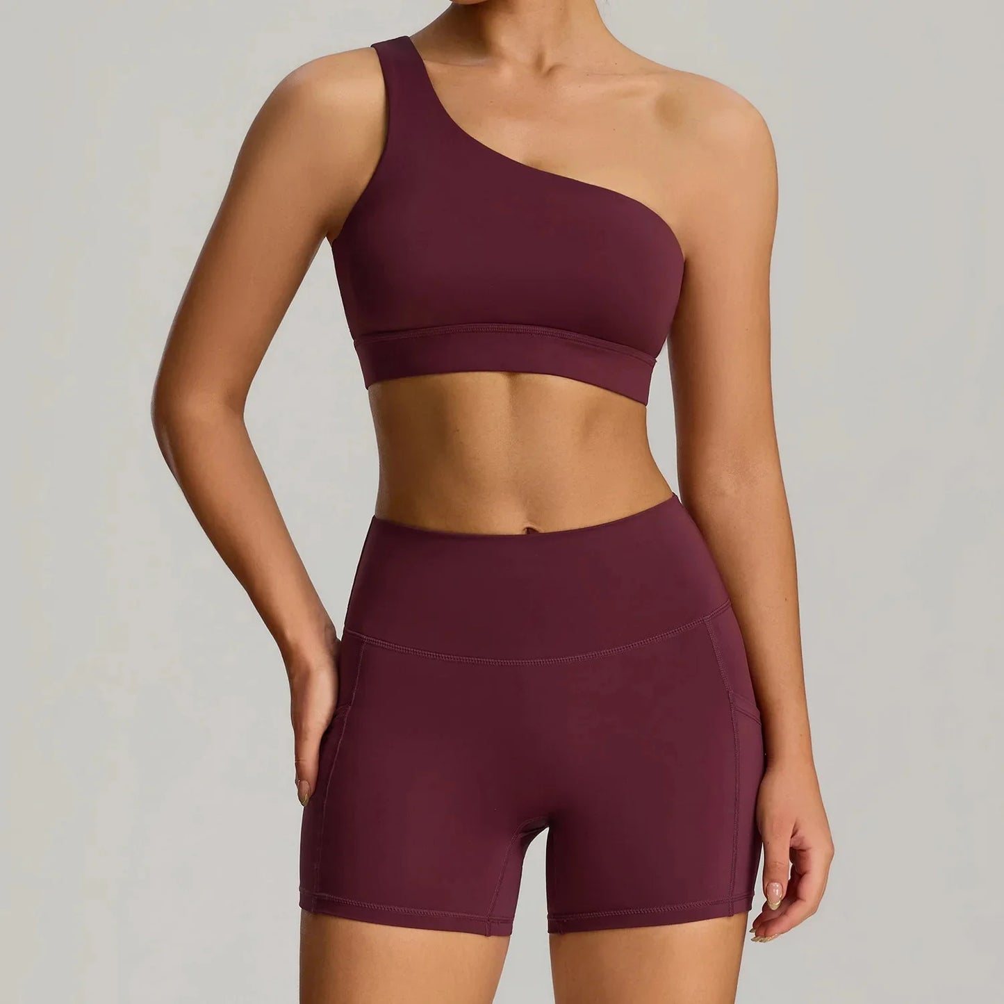 THE MURMUR ONE-SHOULDER SPORTS BRA AND SHORTS SET