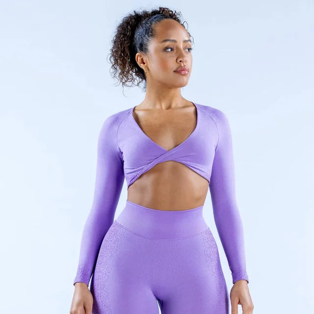 THE AURA TWIST FRONT LONG SLEEVE CROP-Long Sleeve Shirts-Gym Giants