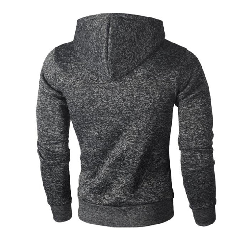 Caleb Hoodie - Marled grey polyester hoodie for winter warmth. Durable, temperature-regulating, and lightweight. Large drawstring hood and front pocket for added convenience.